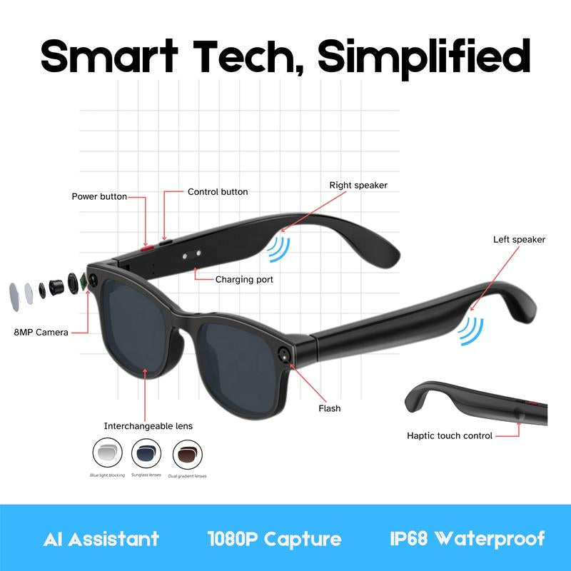 Smart AI Camera Glasses 8MP HD 1080P Video Recording Bluetooth Wi-Fi Voice Control Real-Time Translation Blue Light UV Protection Interchangeable Lenses 4H Playtime